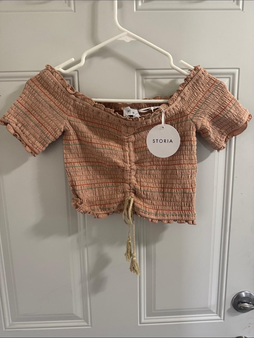Smocked Peach Off-Shoulder Crop Top with Tie Accent